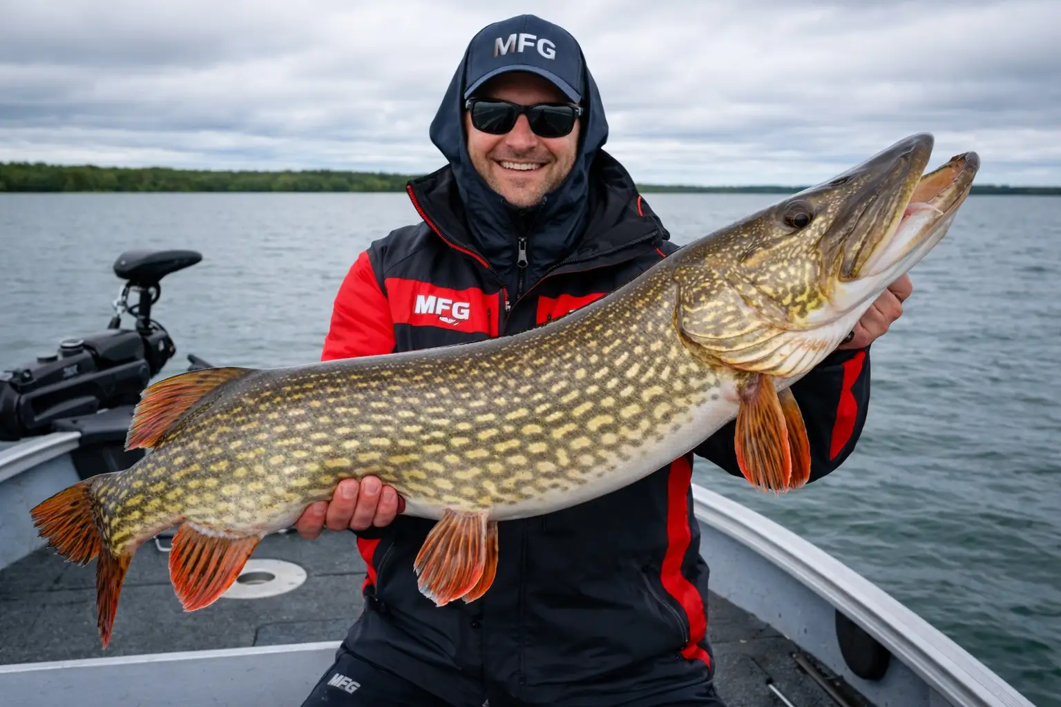 angler in black and red MFG jacket holding a large northern pike on a fishing boat