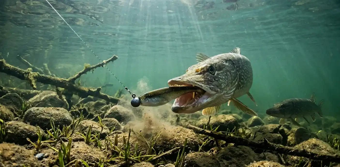 pike following a soft swimbait near bottom structure in cold spring water