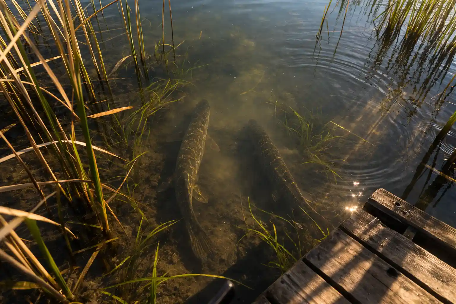 Two northern pike backs visible in ultra-shallow reeds during active pike spawning