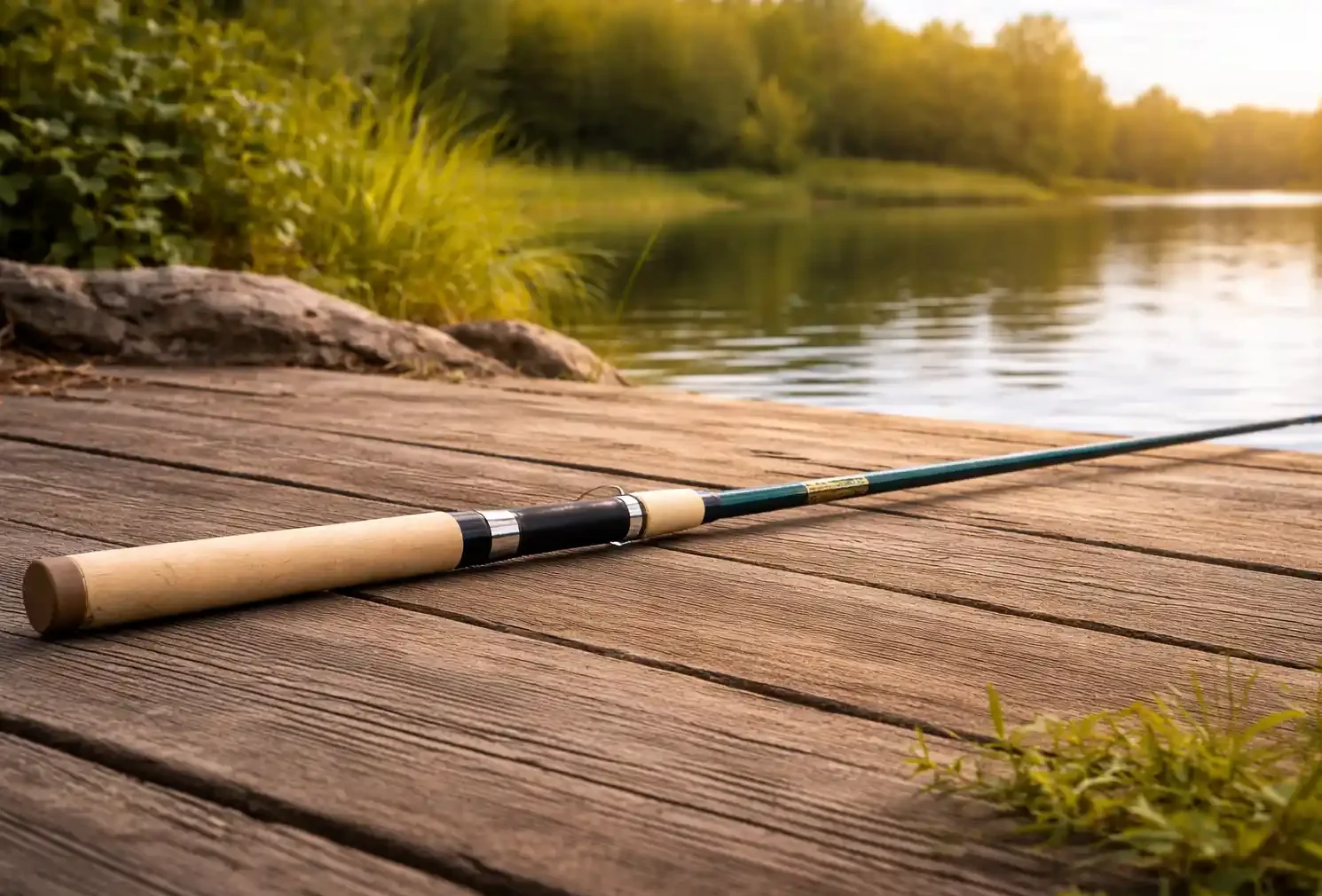 St. Croix Triumph spinning rod resting on a wooden dock beside a calm lake showing cork handle and premium build quality