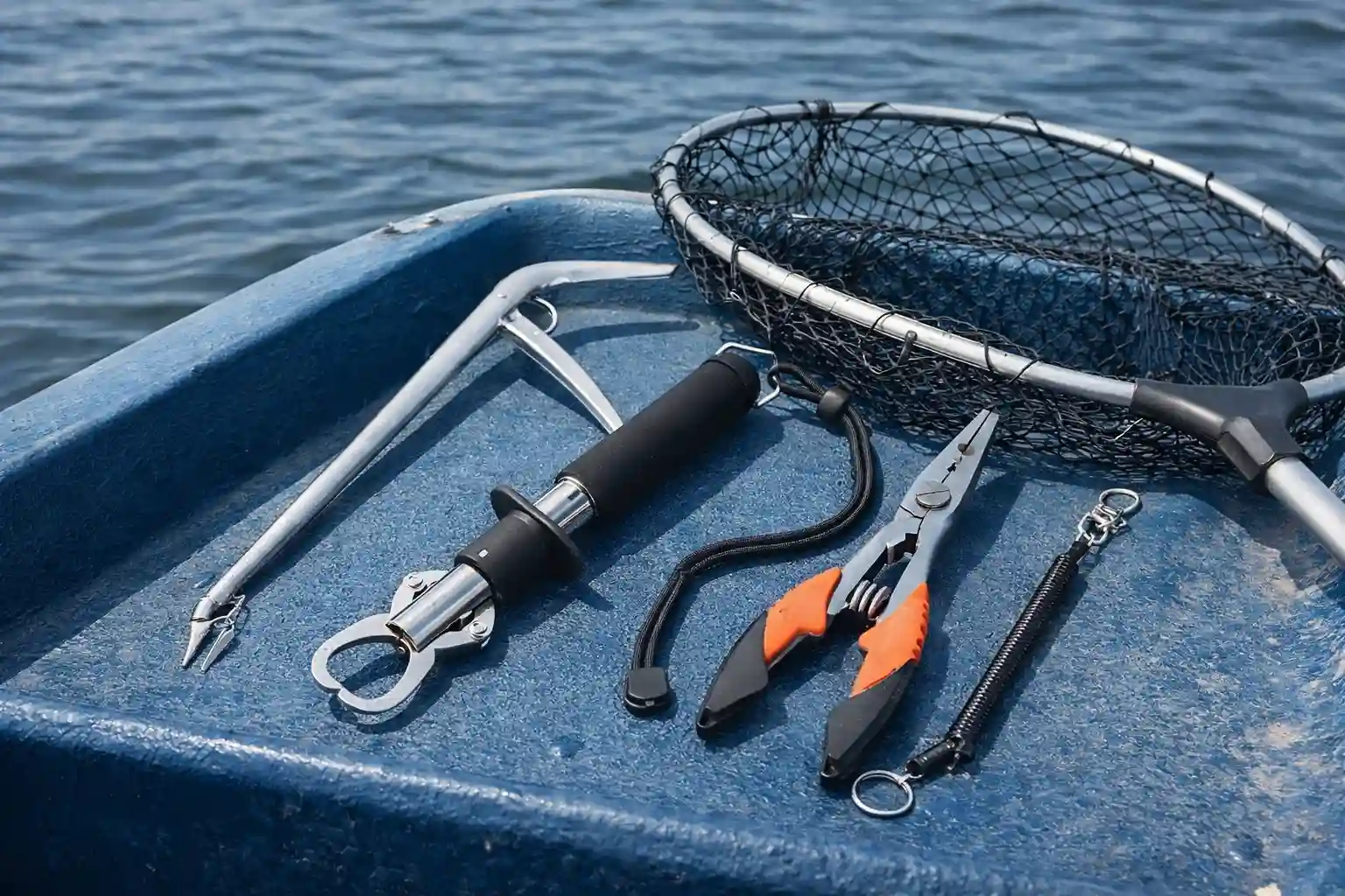 how to handle pike safely fishing tools on boat fish gripper pliers hook remover and landing net ready for northern pike catch and release