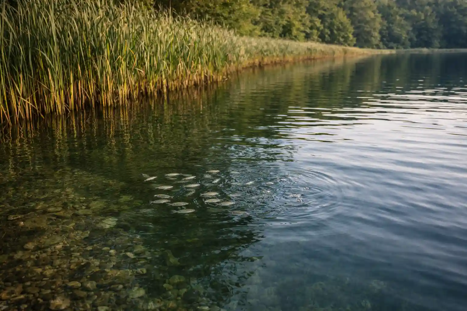 Subtle baitfish movement along reed edge signaling the first spring feeding window