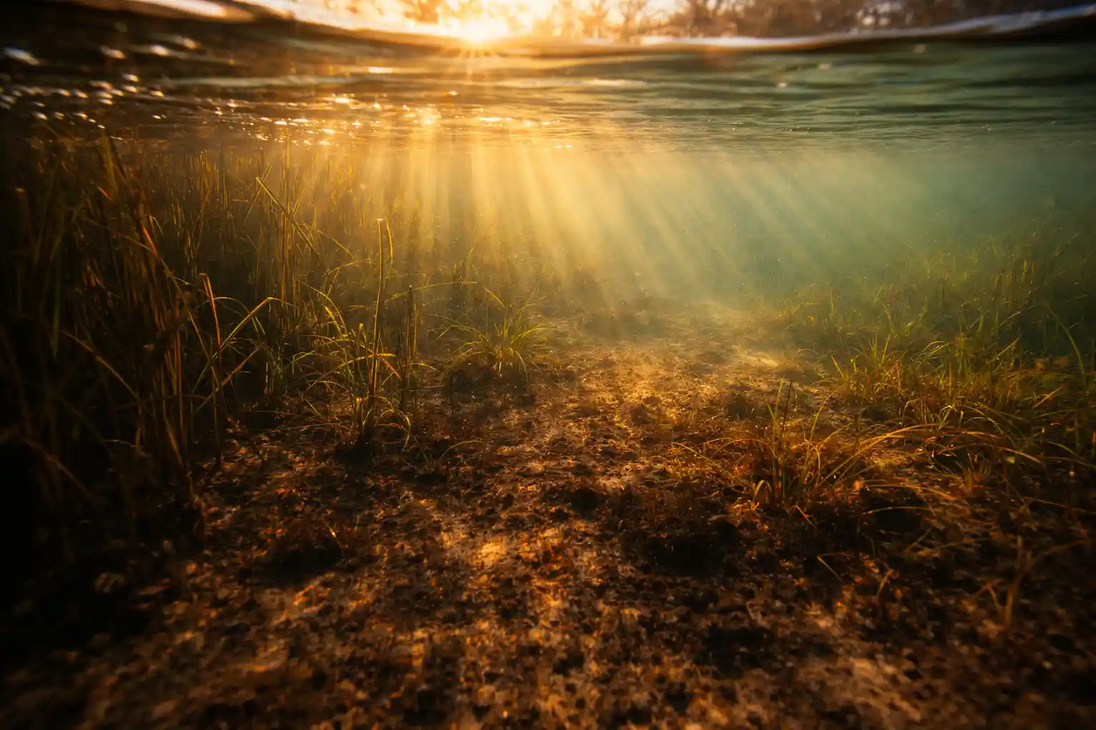 Sunlit shallow lake margin where pike spawning begins among dark vegetation