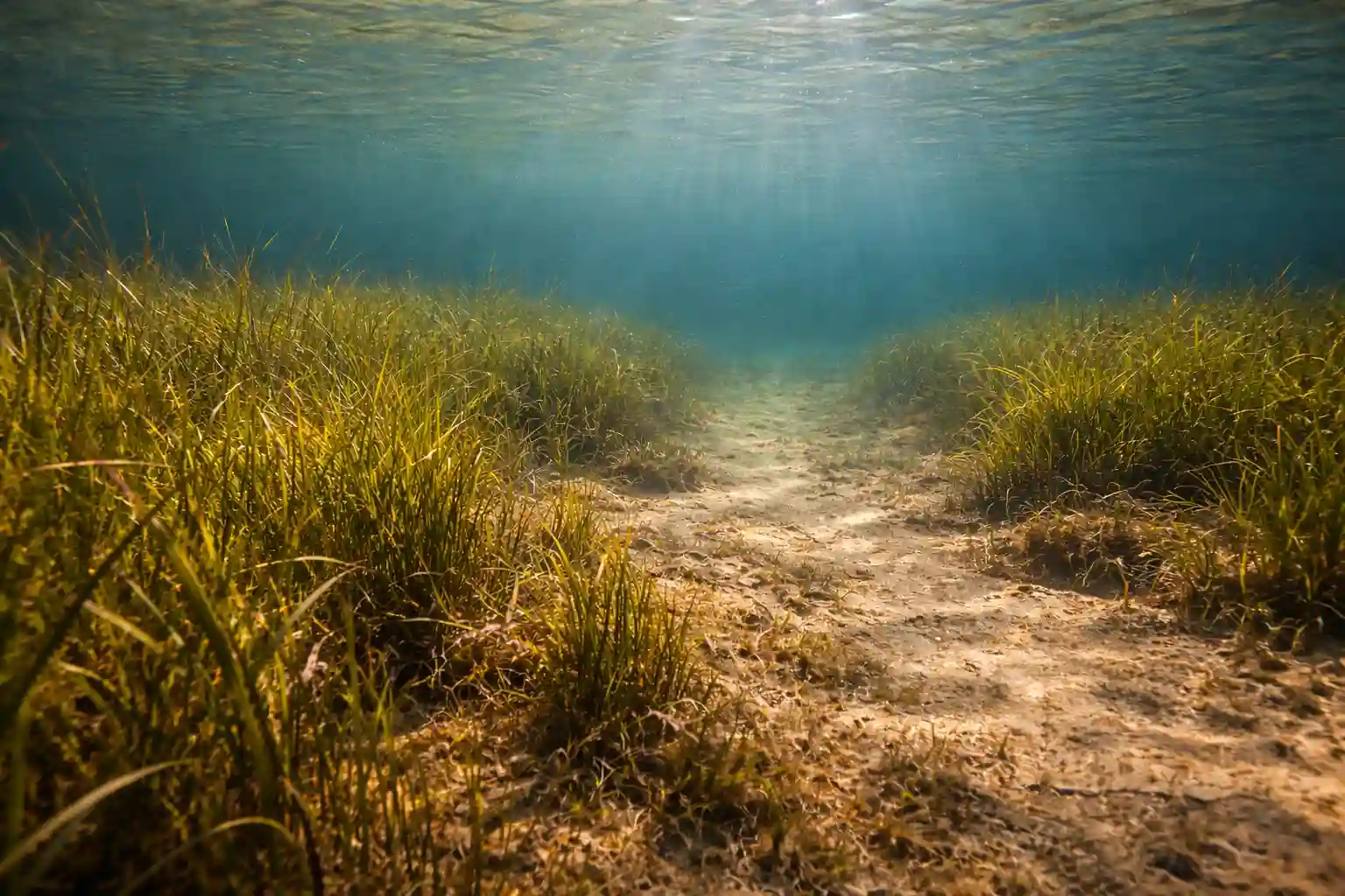 Sunlit shallow weed flat in early spring—classic spawning habitat before fish move to deeper breaks