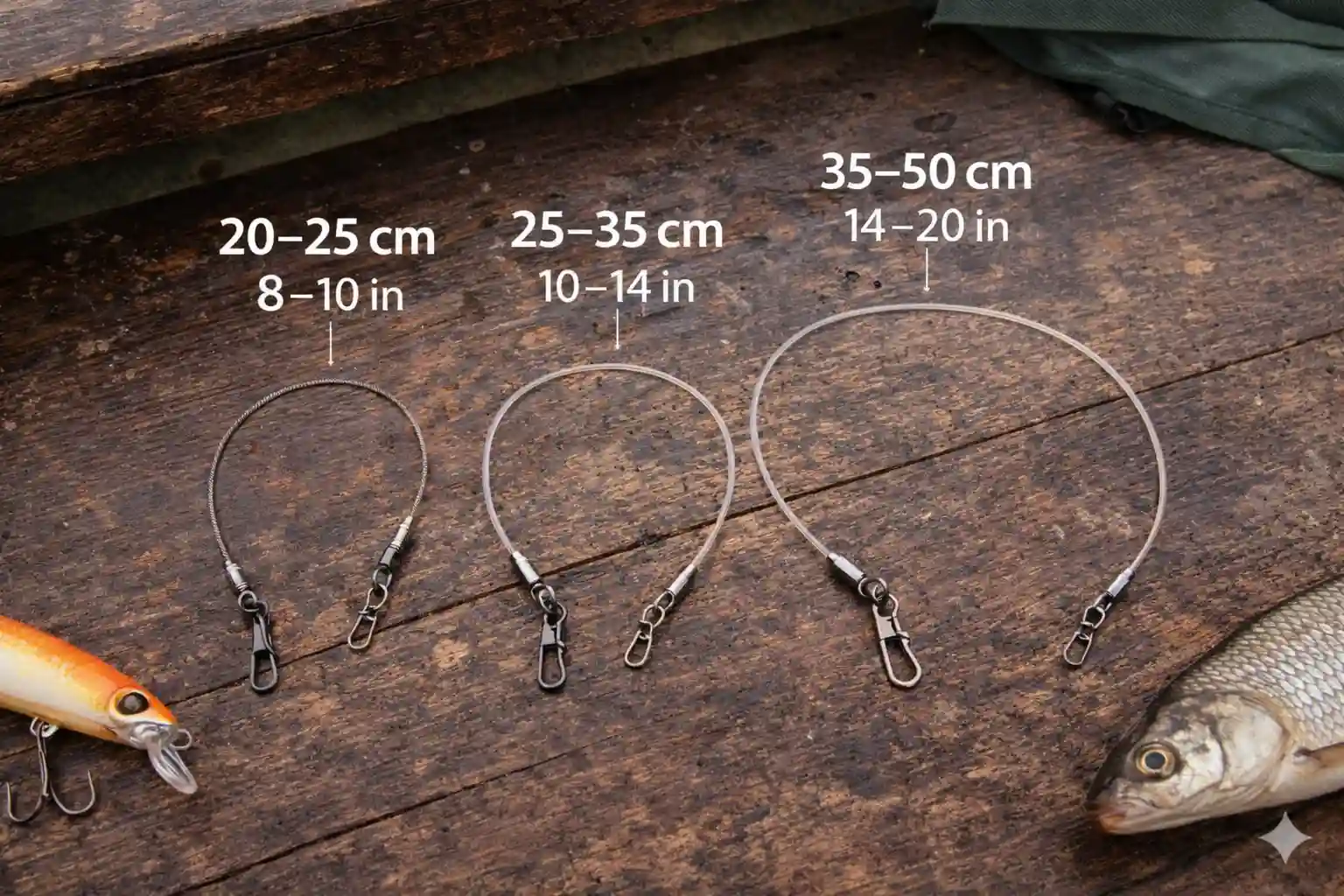 pike fishing leader length setup steel and fluorocarbon leaders with tackle on wooden surface
