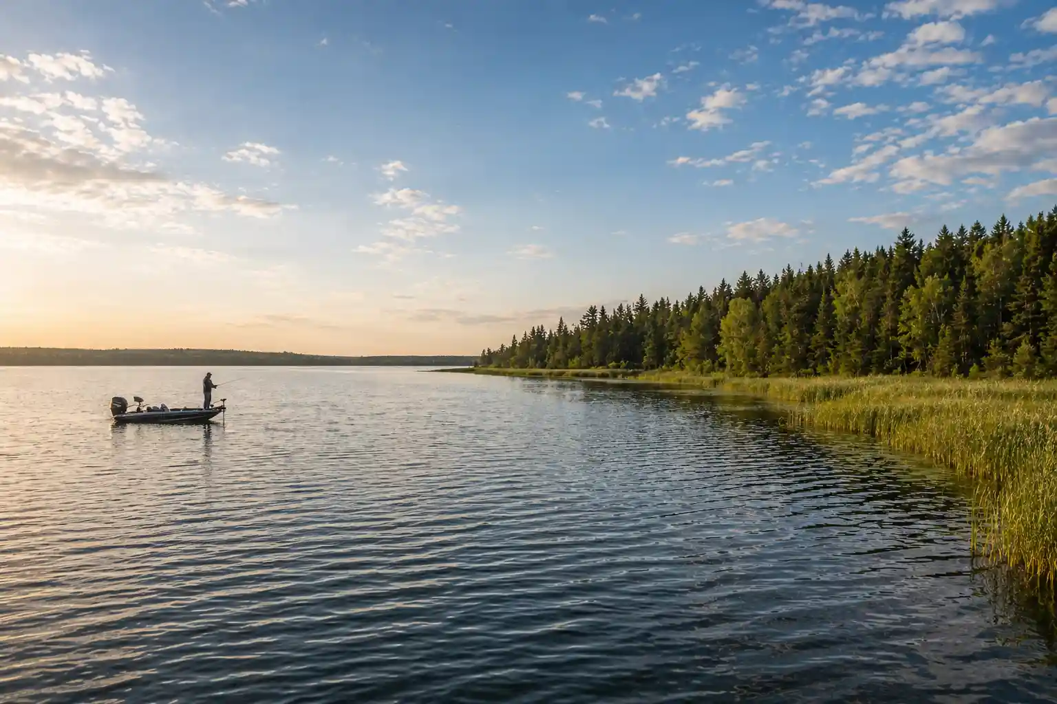 summer pike boat positioning with angler casting parallel to deep weed edge from offshore boat