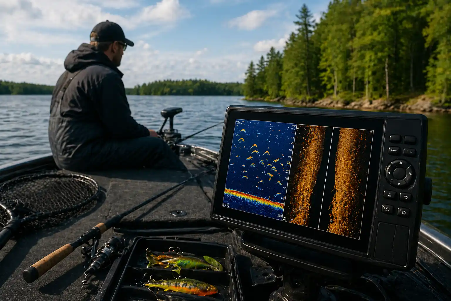 summer pike fishing from boat using sonar to find bigger pike near weed edges and deep structure
