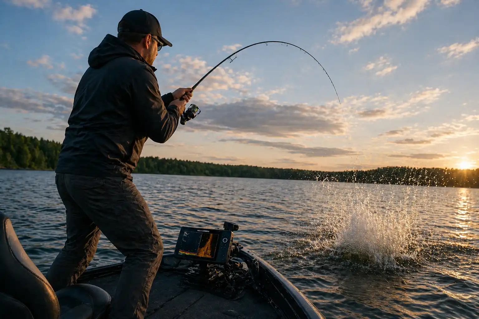 summer pike fishing from boat with angler fighting a big pike near heavy weed edges and deep structure splash on surface