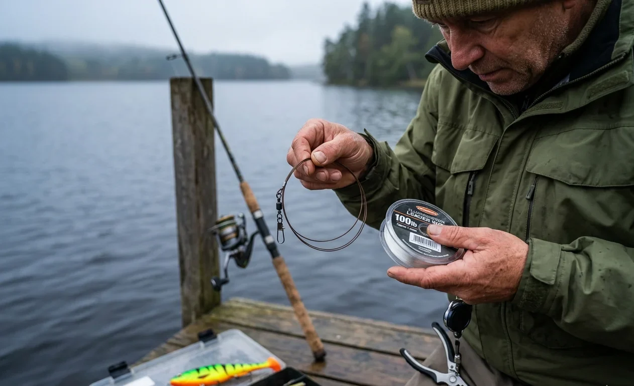 pike fishing leader setup steel wire leader for pike close up angler preparing rig