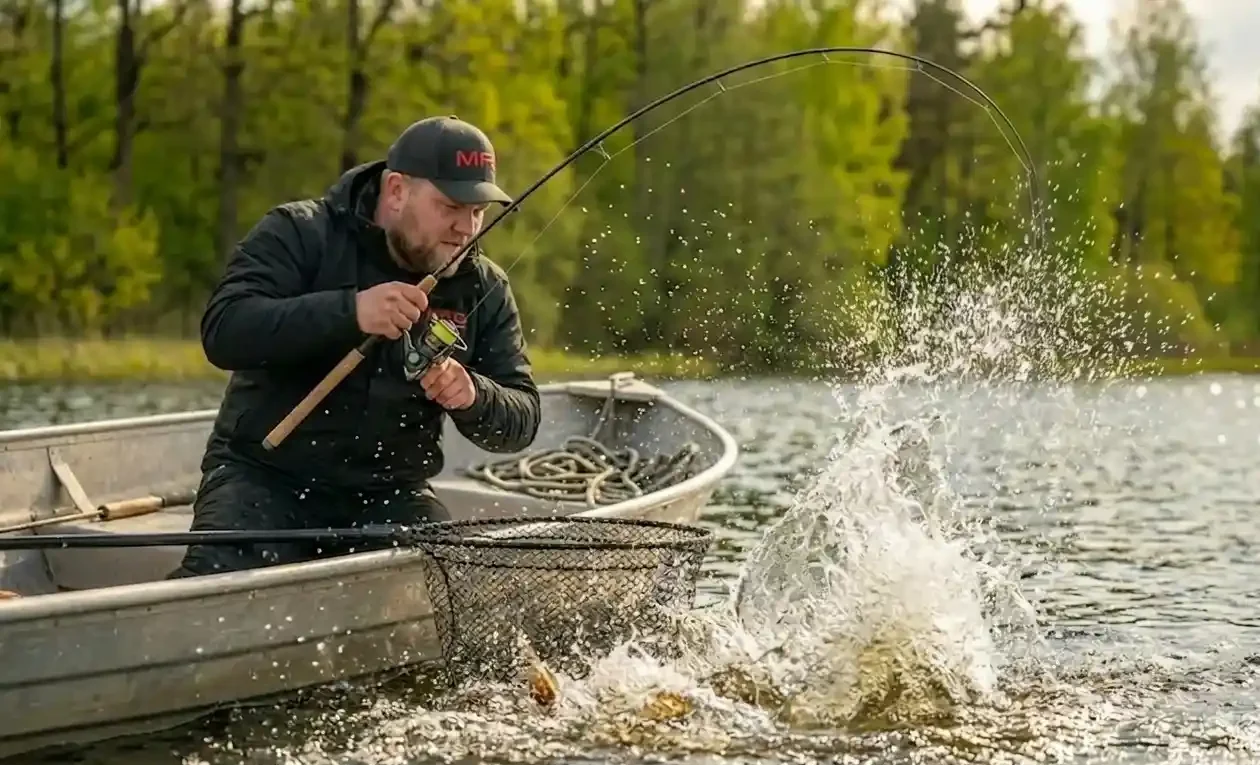late spring pike fishing angler fighting aggressive post spawn pike with heavy splash near landing net in boat