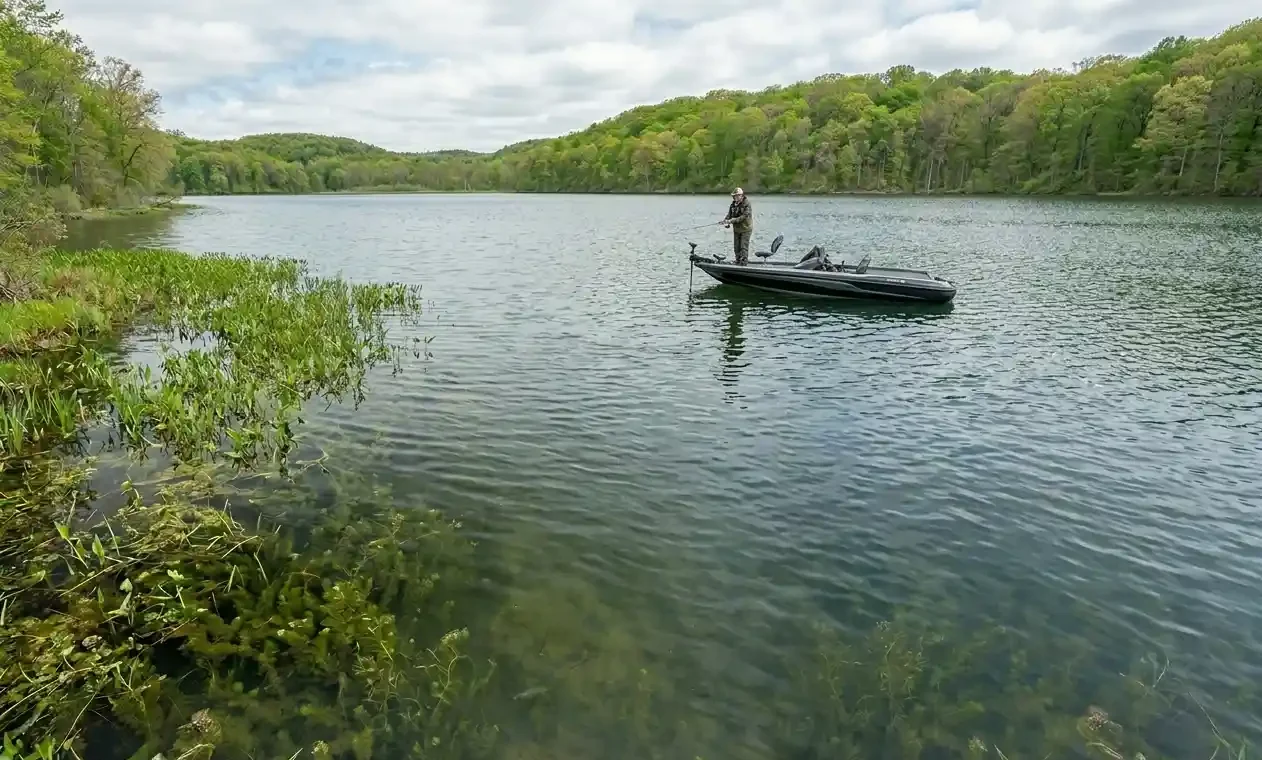 late spring pike fishing boat near weed edge and deeper open water on a clear lake