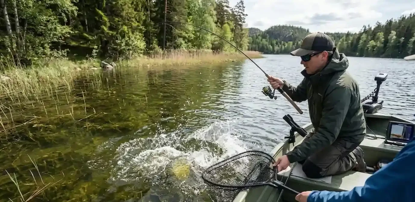 angler landing a fish from a boat with a net during an active moment on the water