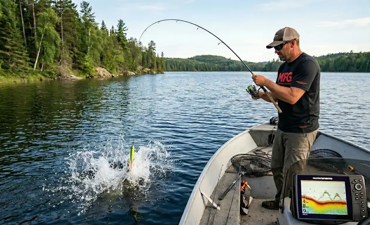 Angler in a boat fighting a northern pike while sonar shows fish holding at different depths in summer lake conditions.