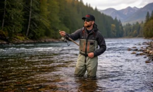 An angler in best fishing waders casting a lure into a clear river