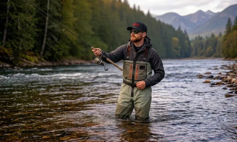 An angler in best fishing waders casting a lure into a clear river