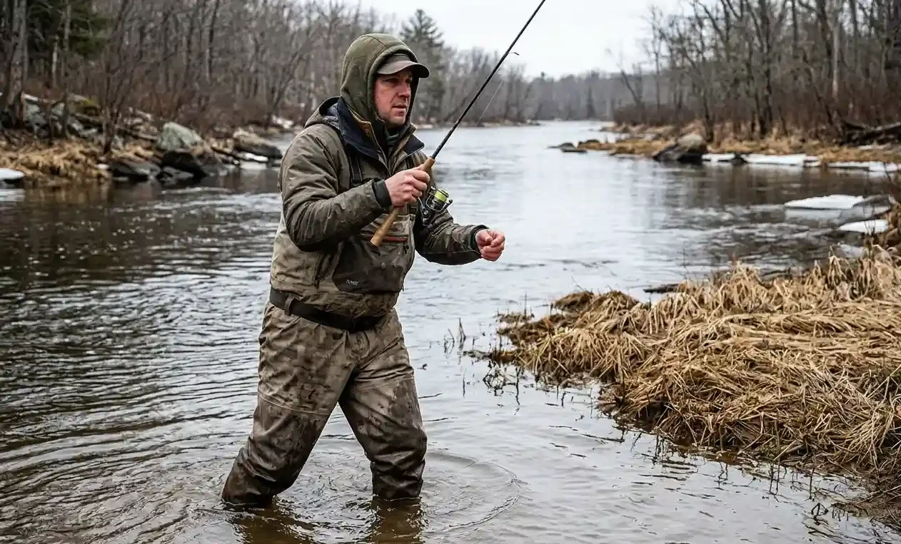 best fishing waders angler casting lure while wading in a clear river