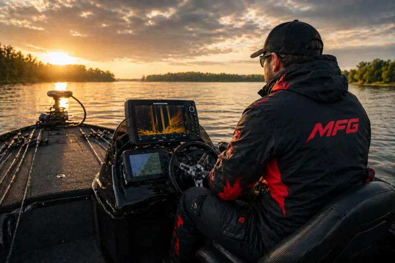 MFG angler tracking summer pike feeding windows from a boat at sunrise