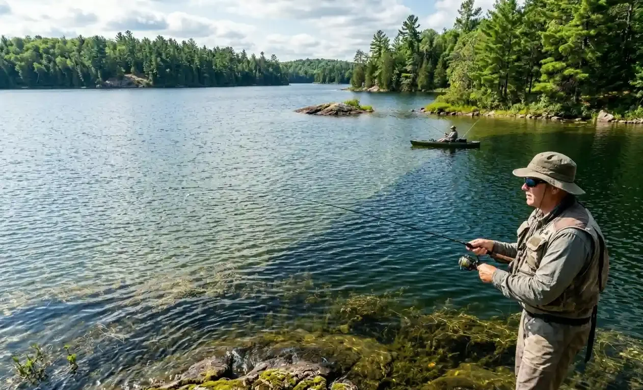 summer pike fishing from shore and kayak along weed edge and structure near deeper water