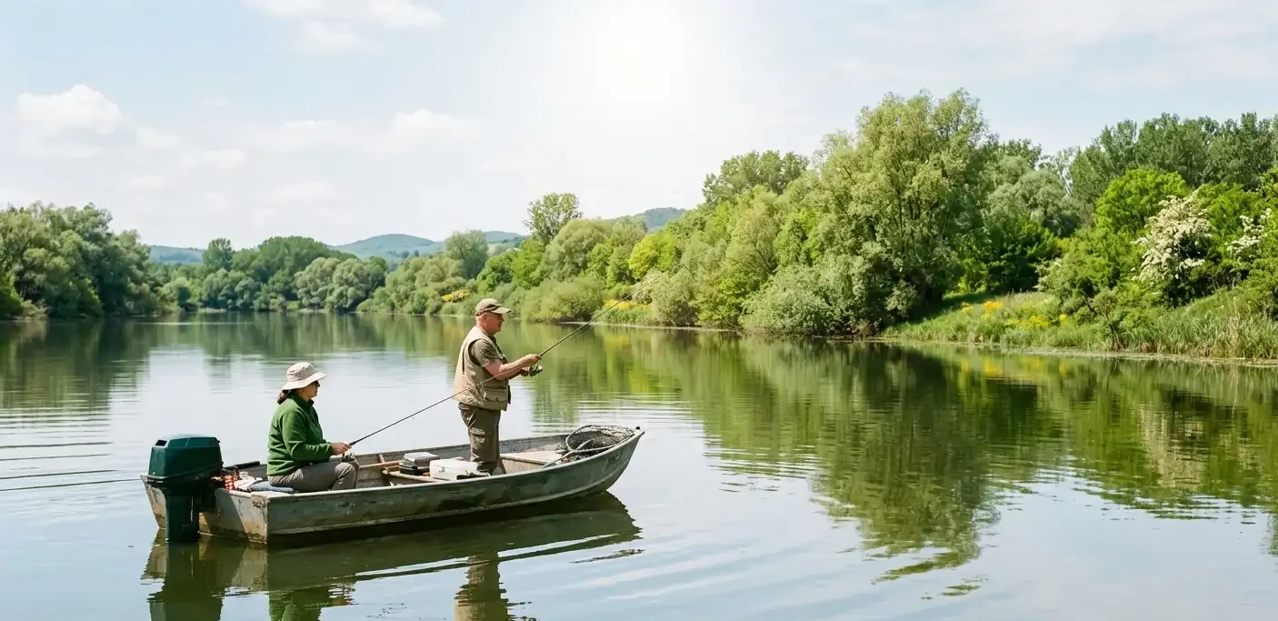 calm lake fishing scene with anglers in a boat during stable daylight conditions