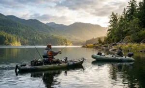 mfg testing fishing kayaks and inflatable boats on water real fishing setup