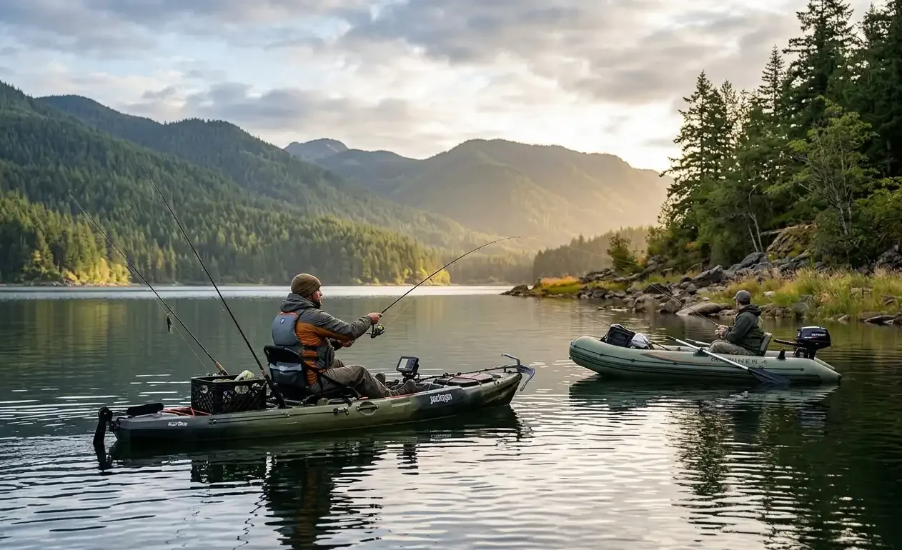 mfg testing fishing kayaks and inflatable boats on water real fishing setup