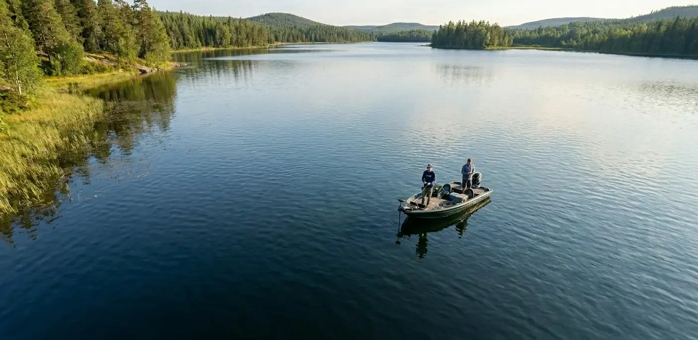 Fishing boat positioned away from the weed edge, showing how to catch pike from a boat in summer through better distance and stealth control