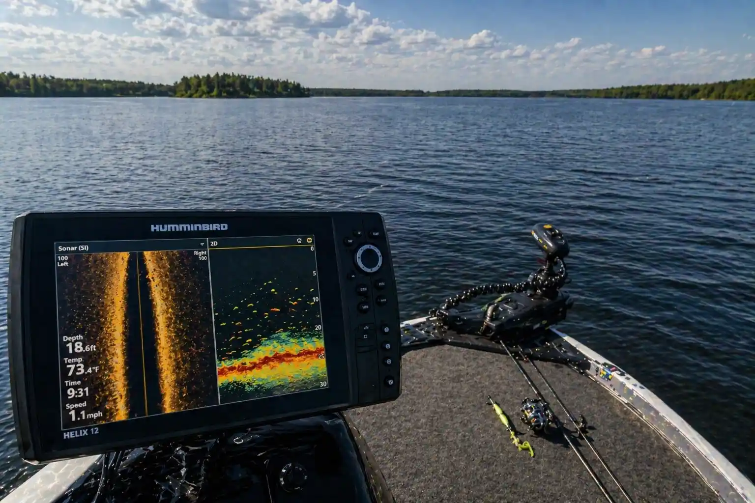 Fish finder showing Side Imaging in open summer water while the boat stays away from weed edges to track active pike positioning