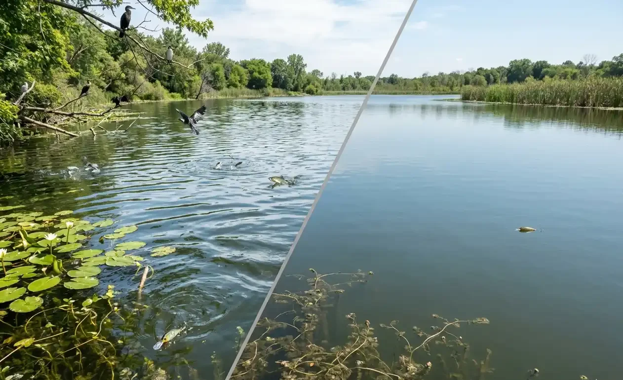 active vs dead water in summer pike fishing with visible bait movement and empty calm water