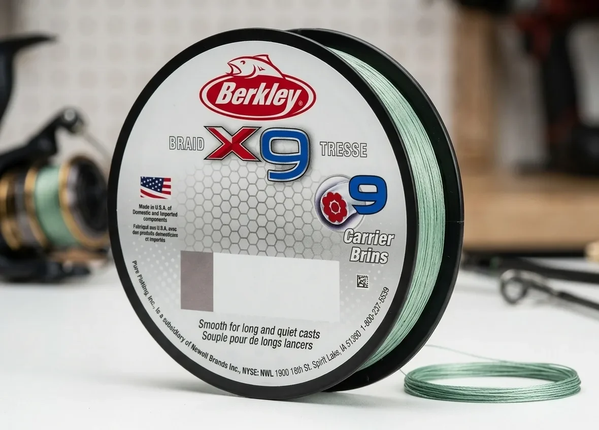 Berkley X9 braided fishing line close up spool low vis green 9 carrier smooth braid