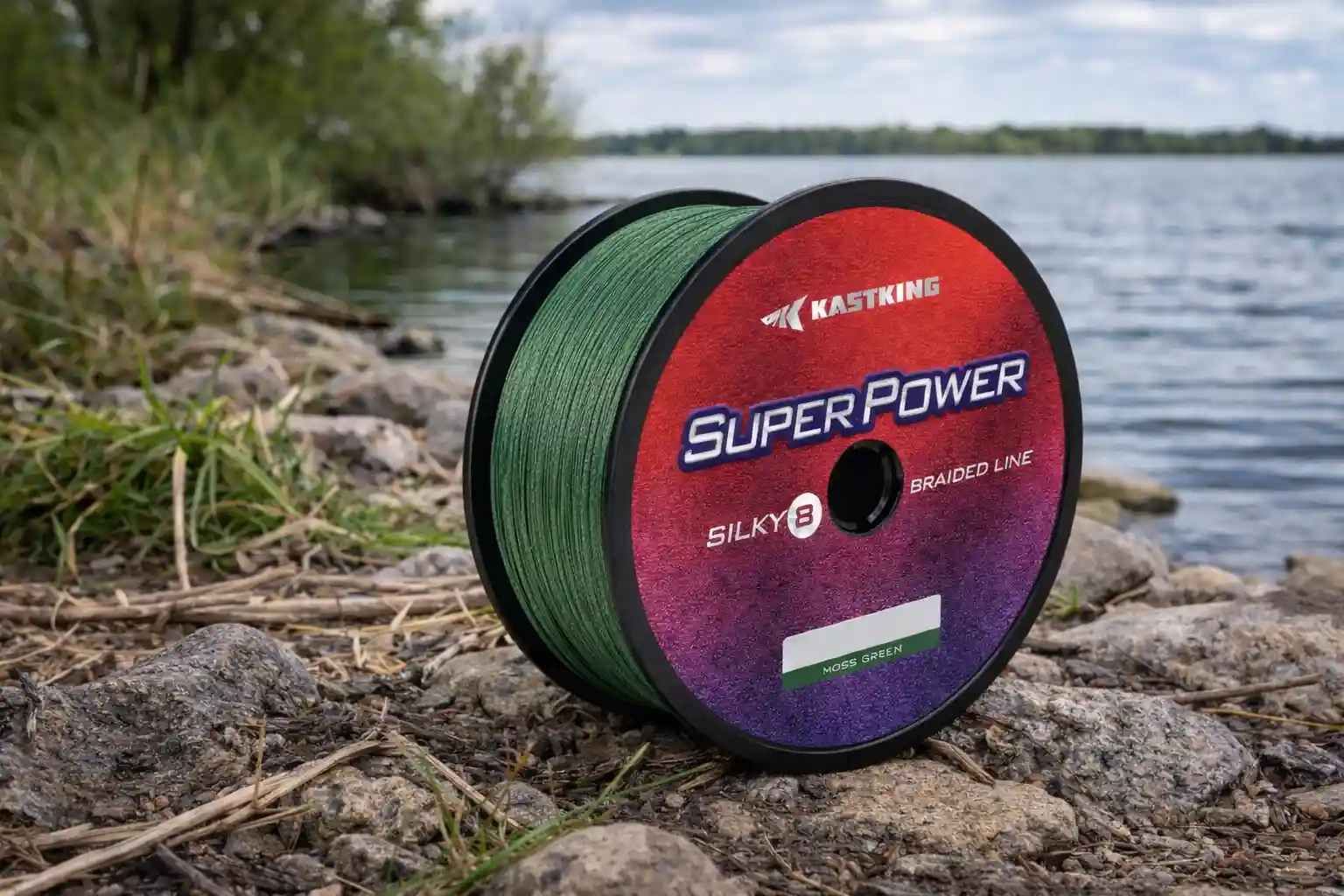 KastKing SuperPower braided fishing line testing near lake shore realistic fishing setup