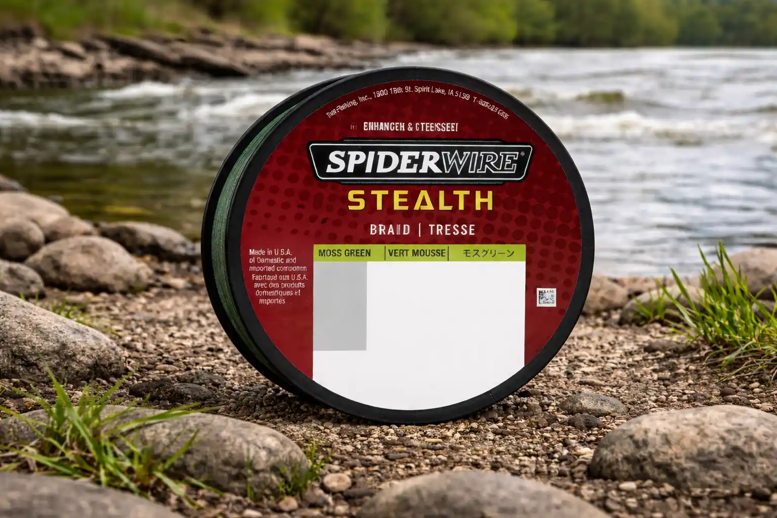 SpiderWire Stealth braided fishing line spool realistic river testing setup moss green braid