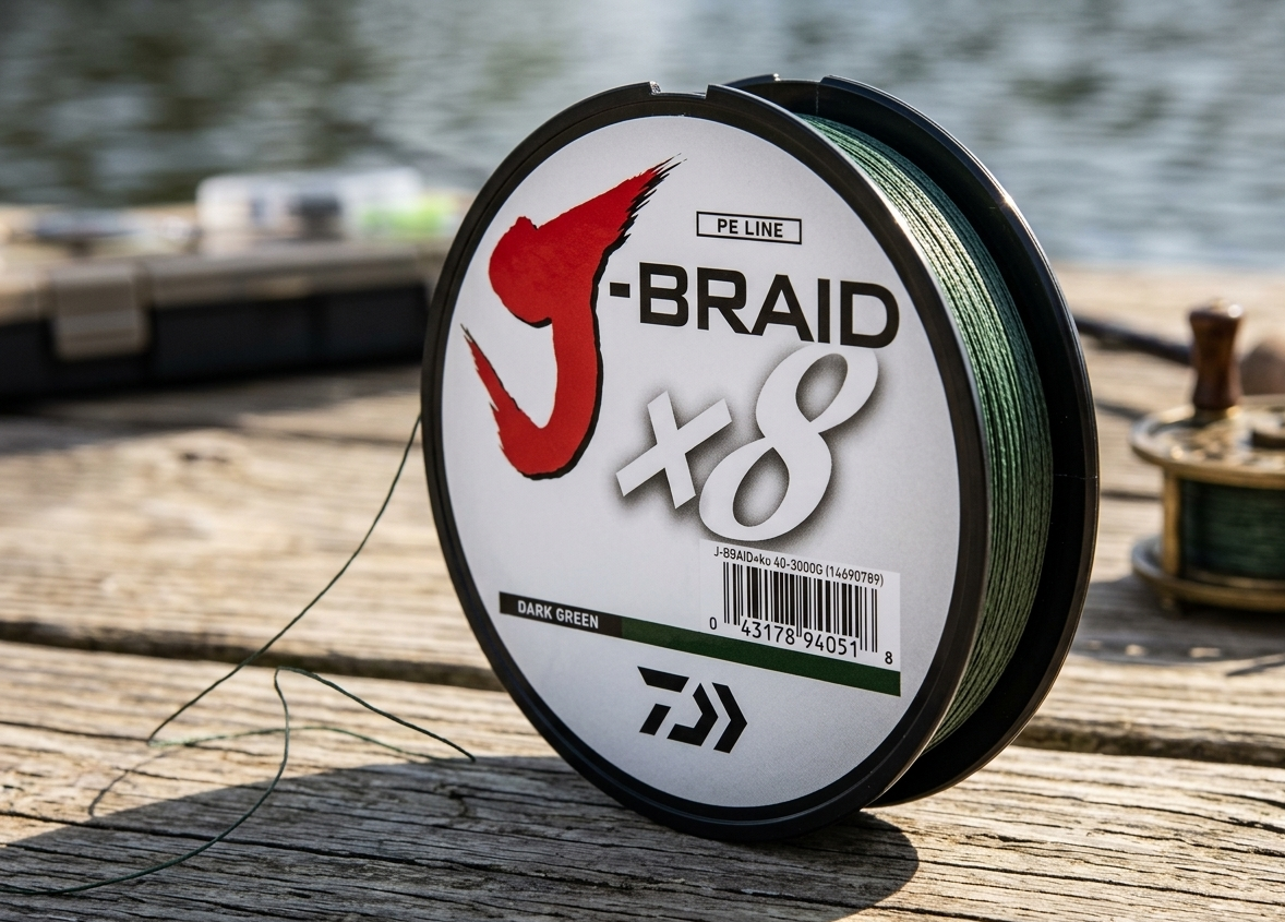 Daiwa J-Braid Grand X8 braided line spool close up dark green smooth casting braid 8 carrier