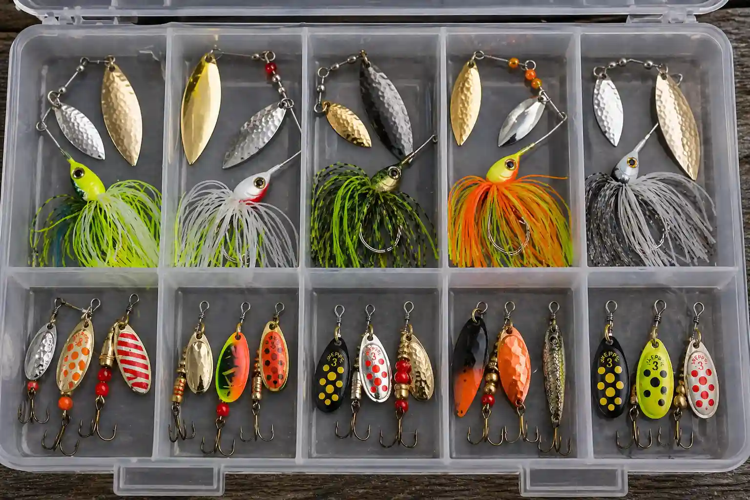 spinnerbaits and inline spinners for summer pike fishing organized in a realistic tackle box for summer fishing