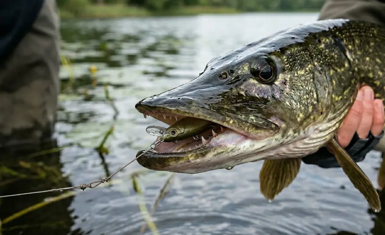 pike teeth cutting line steel leader attached to lure inside pike mouth close up