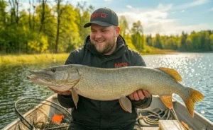 late spring pike fishing angler holding large northern pike in boat calm lake May conditions