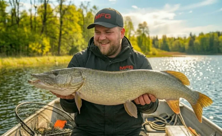 late spring pike fishing angler holding large northern pike in boat calm lake May conditions