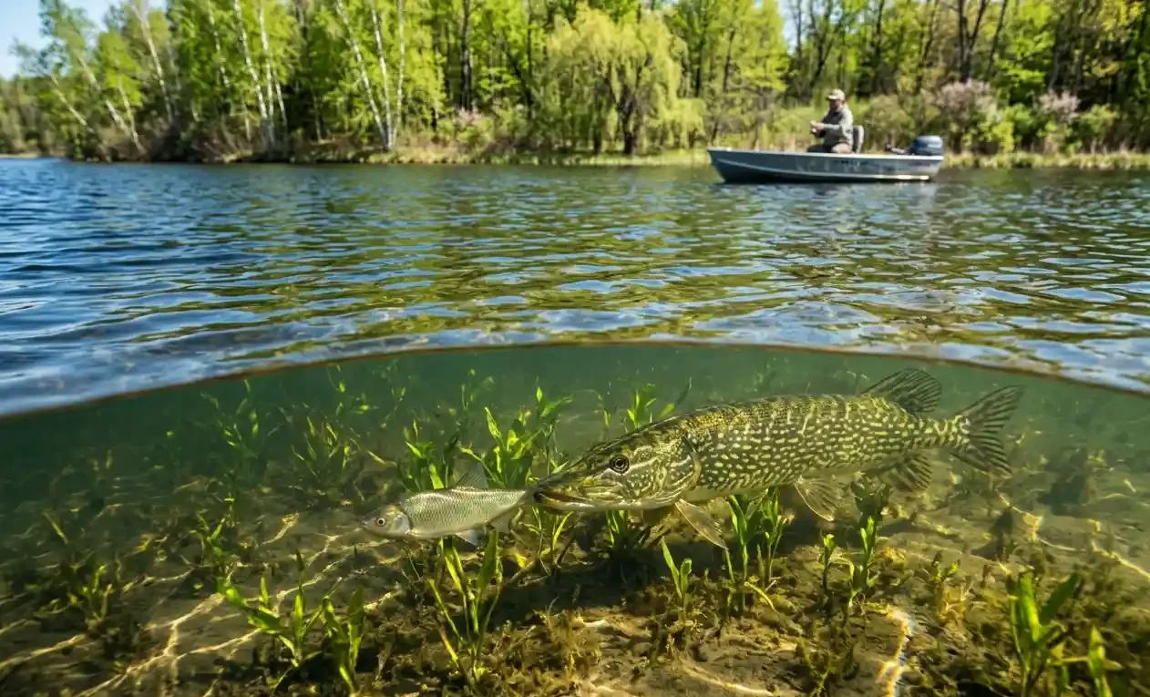 late spring pike underwater in shallow clear water with vegetation and sunlight, active post spawn northern pike habitat