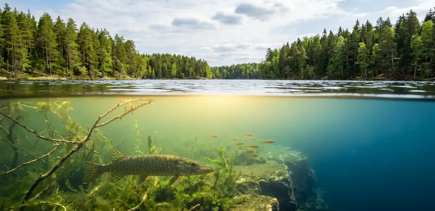 late spring pike holding near drop off in mid depth water with structure and clear lake conditions
