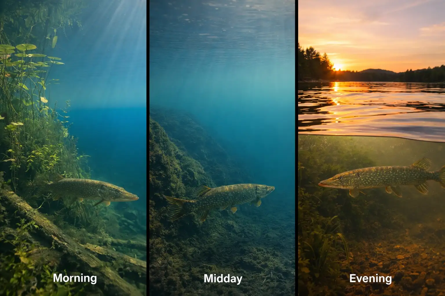 Northern pike positioned at different depths throughout the day in summer, showing shallow morning movement, deeper midday holding, and evening return to shallower water.