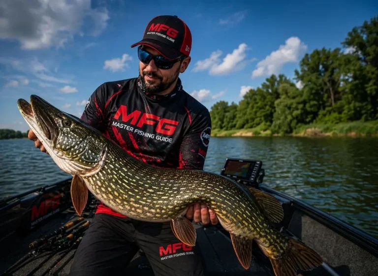 A professional angler in MFG gear holding a trophy fish, demonstrating how to catch pike from a boat in summer