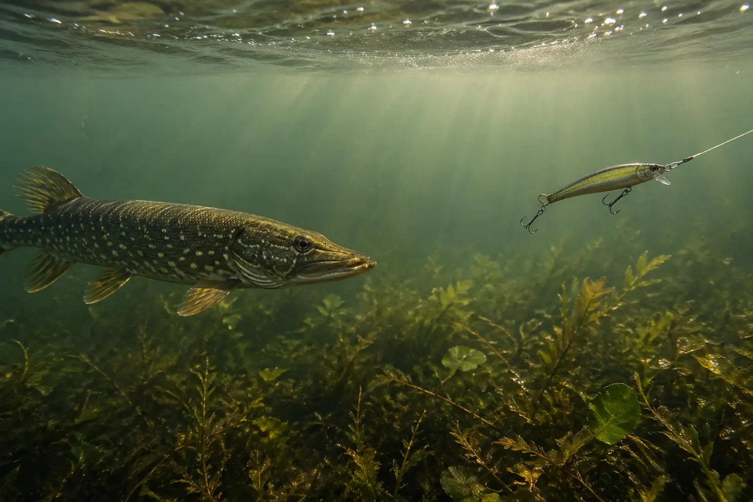 How to Retrieve Lures for Summer Pike – pike following a suspending jerkbait near deep weed edges during a slow retrieve in warm clear summer water