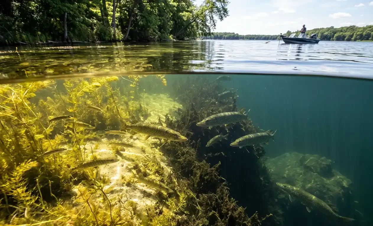 deep vs shallow pike in summer along weed edge and breakline where fish move between zones