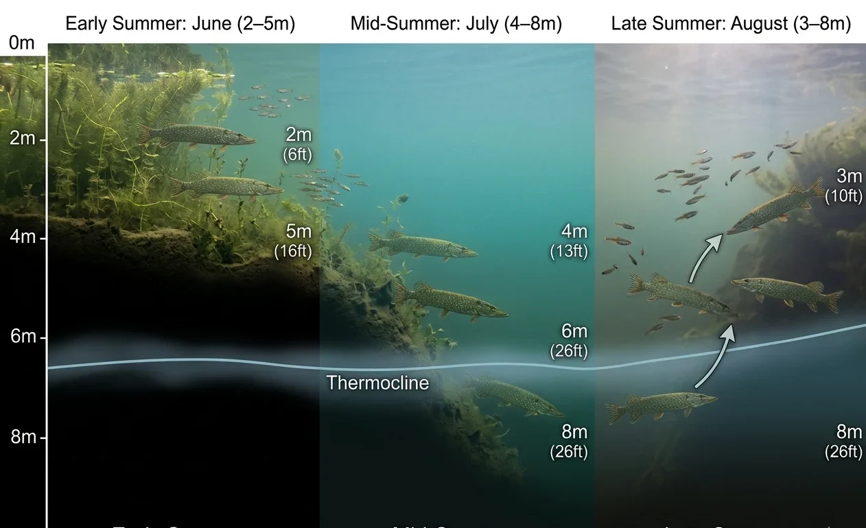 how deep are pike in summer depth zones june july august thermocline pike movement chart