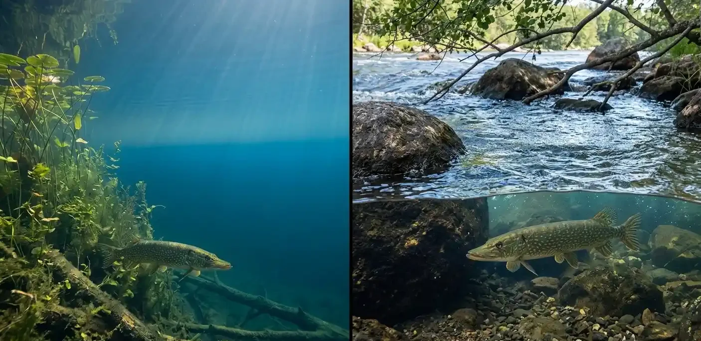 Northern pike positioned in shallow flowing river water and deeper still lake water, showing how depth differs between rivers and lakes in summer.