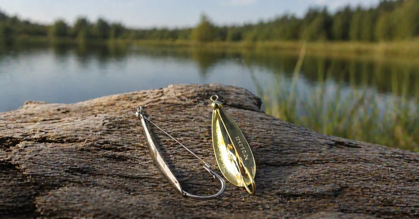 summer pike spoon lure with weedless hook on wooden surface by lake used to trigger lazy followers into strikes