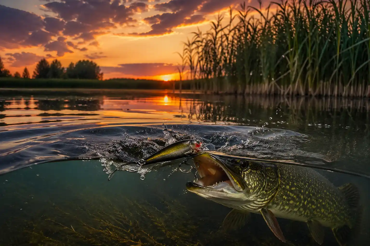 massive pike exploding on topwater lure at sunset during low-light feeding window summer fishing action