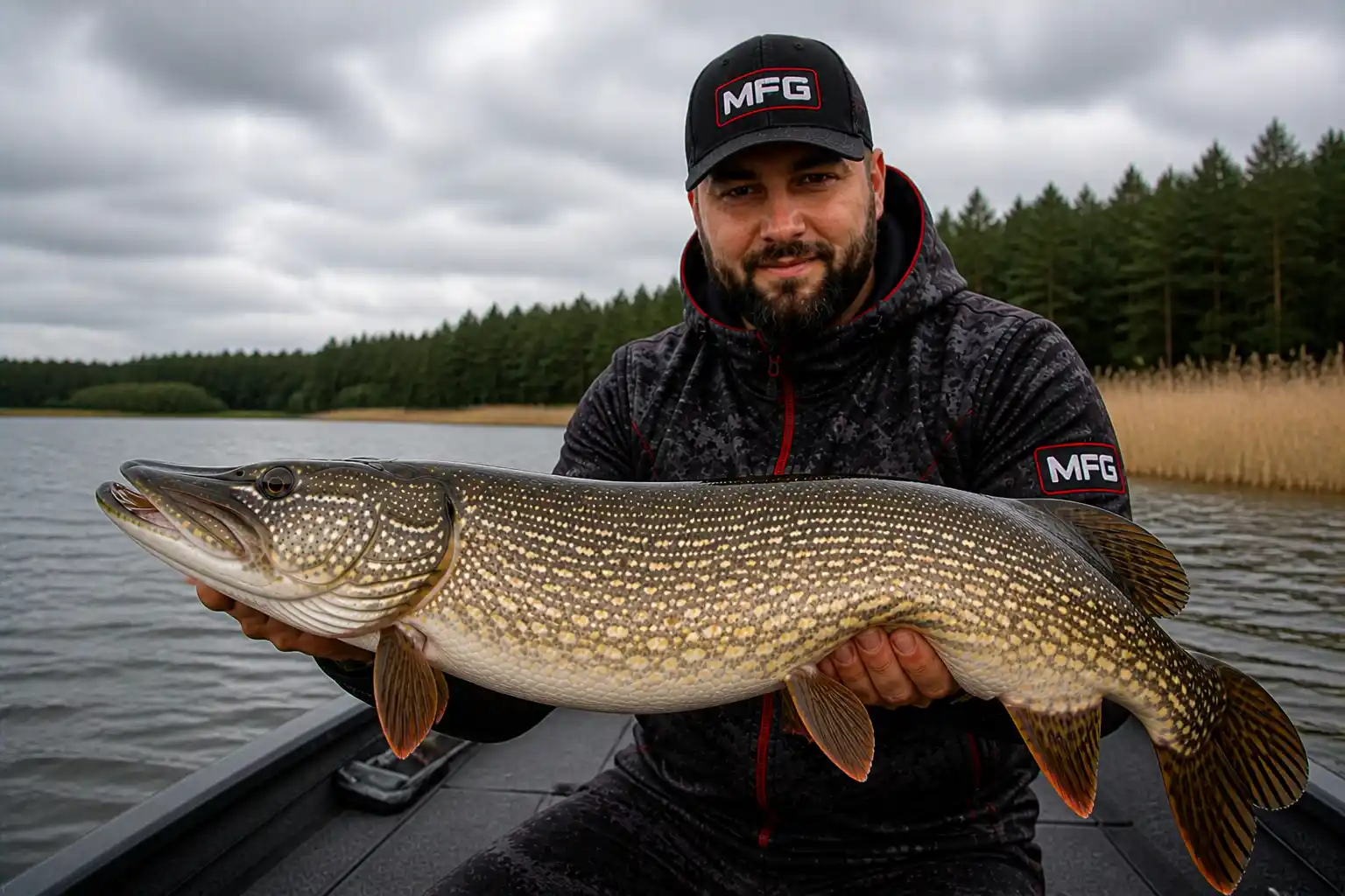 best baitcasting rods for pike MFG angler holding trophy pike catch on lake in real fishing conditions