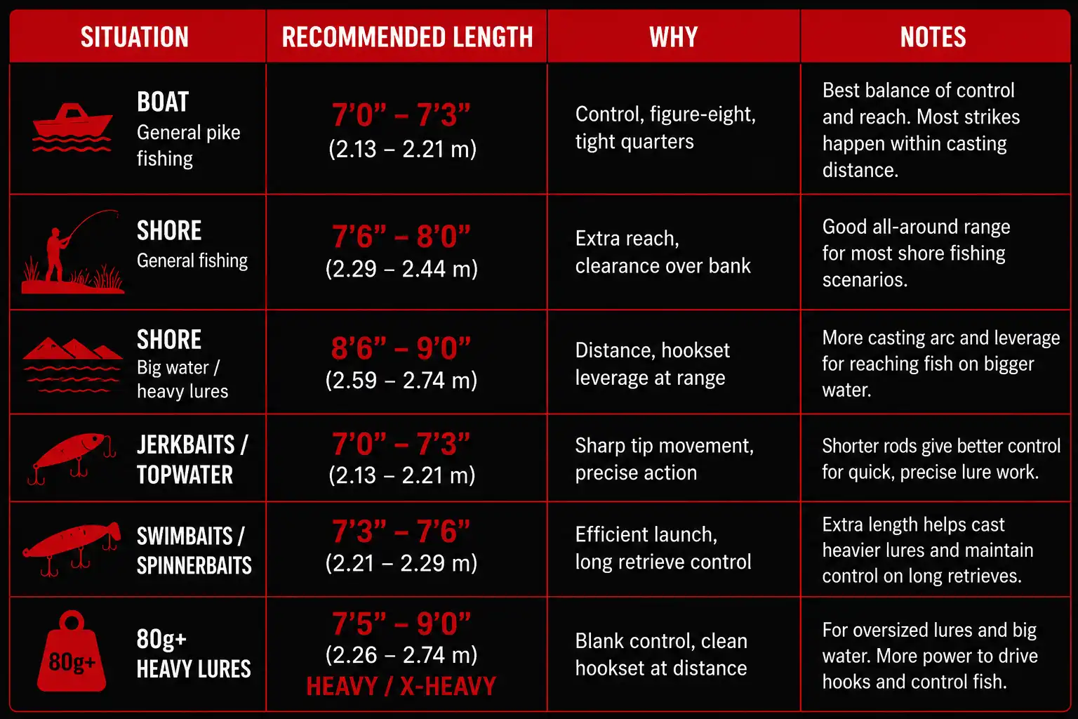Pike rod length table — how to choose a pike fishing rod by situation, platform and lure weight