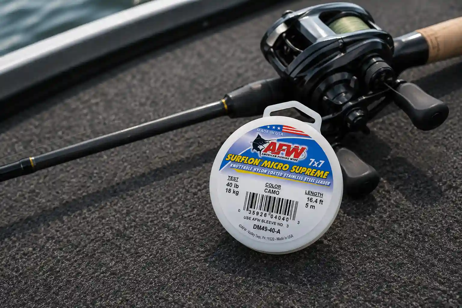Best overall pike leader — AFW Surflon Micro Supreme 7x7 40lb Camo coated wire spool with baitcasting rod and reel