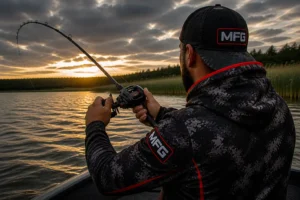 best baitcasting rods for pike MFG angler fighting fish with baitcasting setup on lake